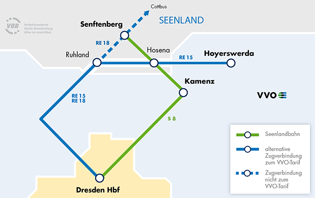 Grafik Kartenausschnitt alternative Wege zwischen Dresden nach Senftenberg
