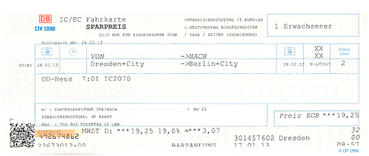 Beispiel: DB-Ticket für 1 Person mit BahnCard 25 von Dresden nach Berlin