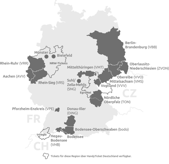 Übersichtskarte HandyTicket teilnehmende Regionen und Städte
